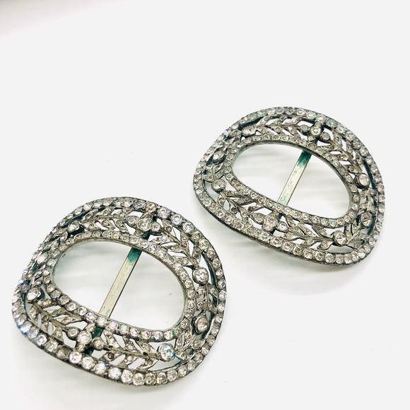 Antique Deco Rhinestone Shoe Belt Slide Clips - Picture 6 of 7